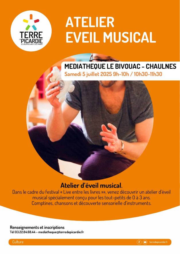 Affiche atelier d'éveil musical à la médiathèque Le Bivouac à Chaulnes.